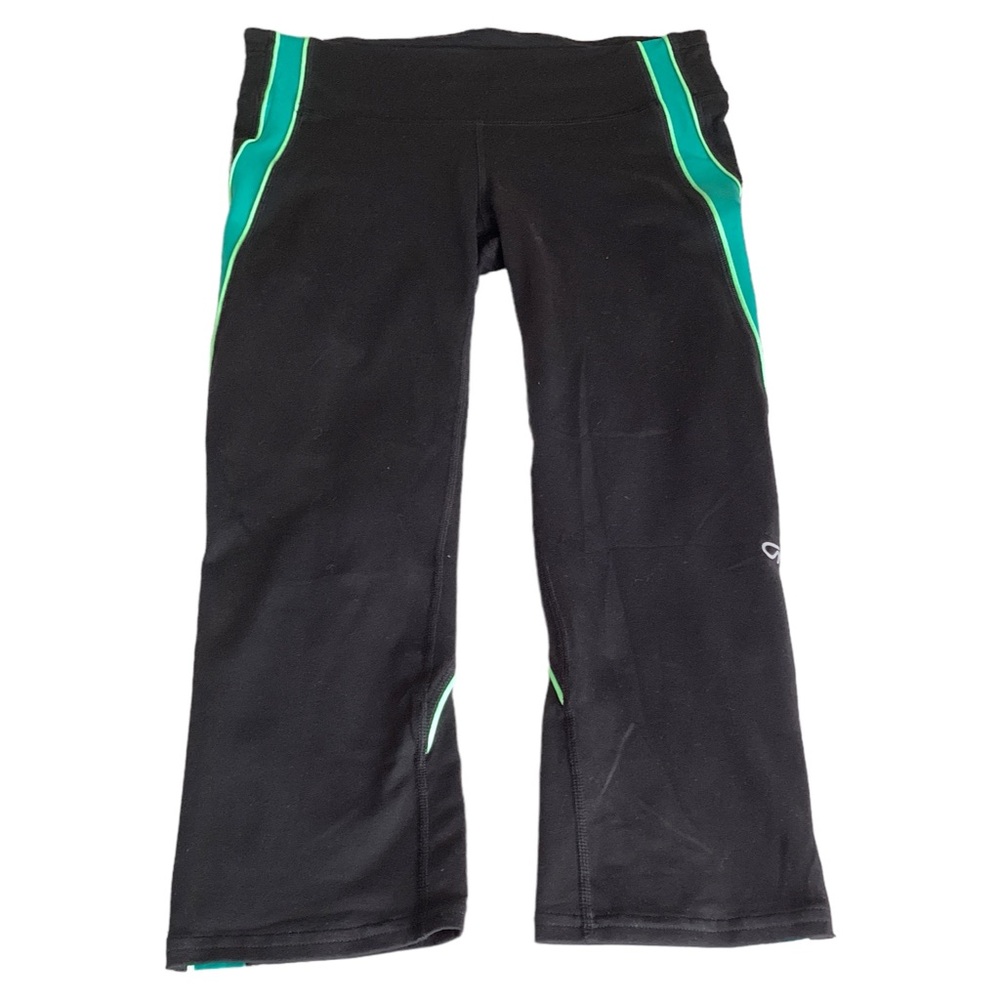 GapFit Womens GFast Athletic Capri Adjustable ZipPocket Black/Green Legging Sz S